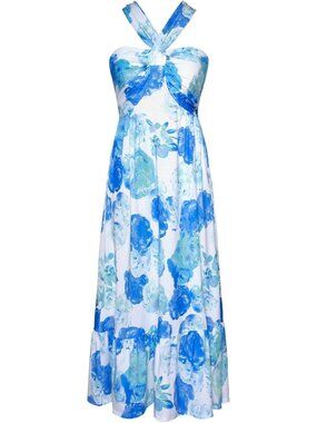 Women's Maxi Dress White Blue Flower Halter Neck Sleeveless A LINE Summer Soft